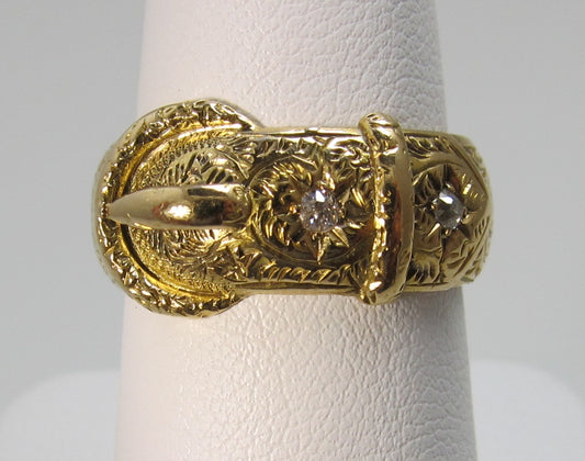 Victorian 18k yellow gold diamond buckle band ring