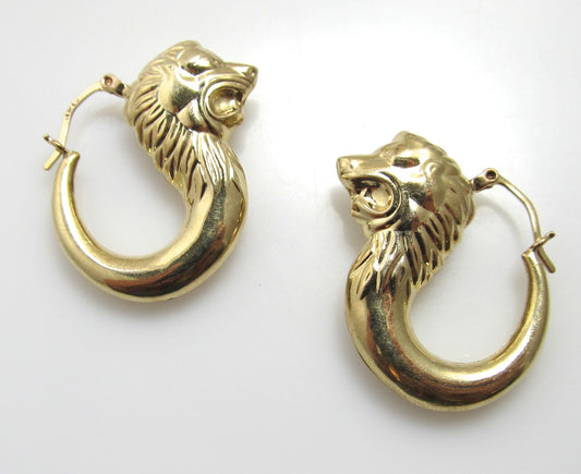 Yellow gold lion head hoop earrings
