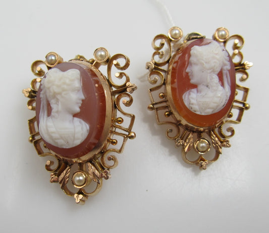 Antique 10k Rose Gold Earrings With Stone Cameos And Pearls, Circa 1890
