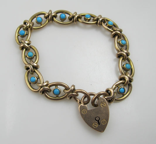 Antique natural turquoise padlock bracelet, 9kt yellow gold