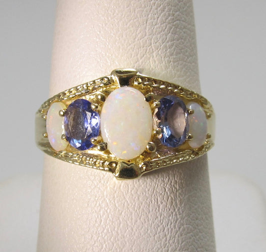 Opal and tanzanite band ring