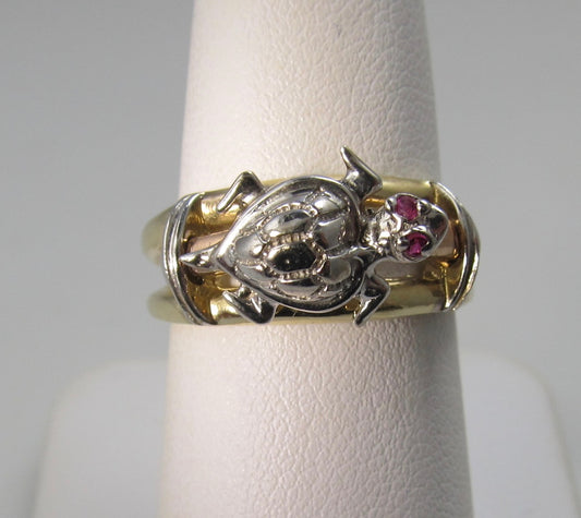 14k turtle ring with ruby eyes, 14k white, rose and yellow gold
