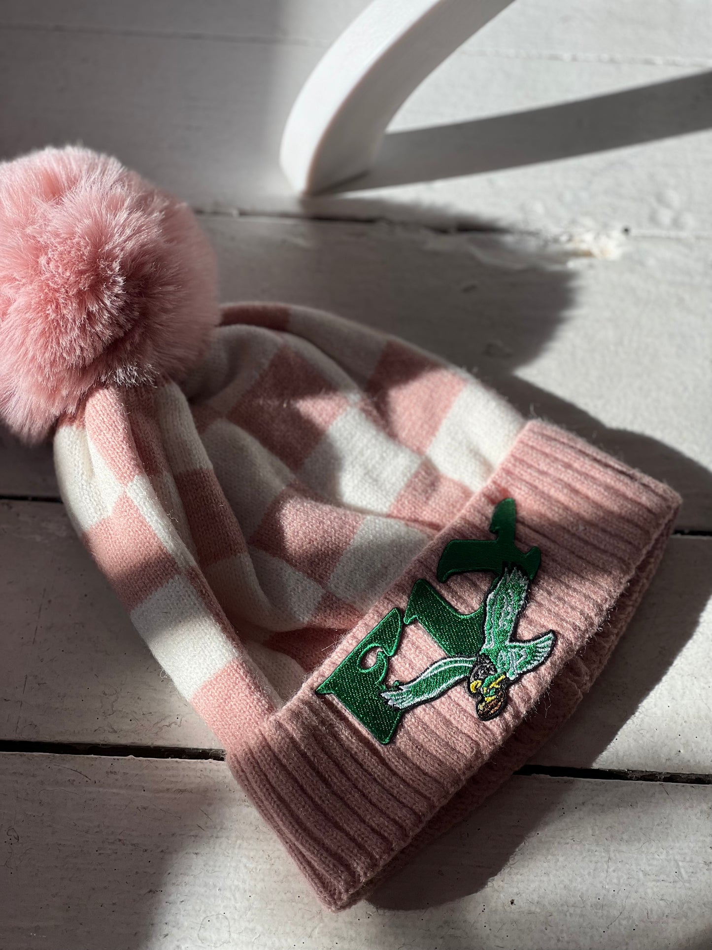 Vintage Eagles patch ivory pink check beanie