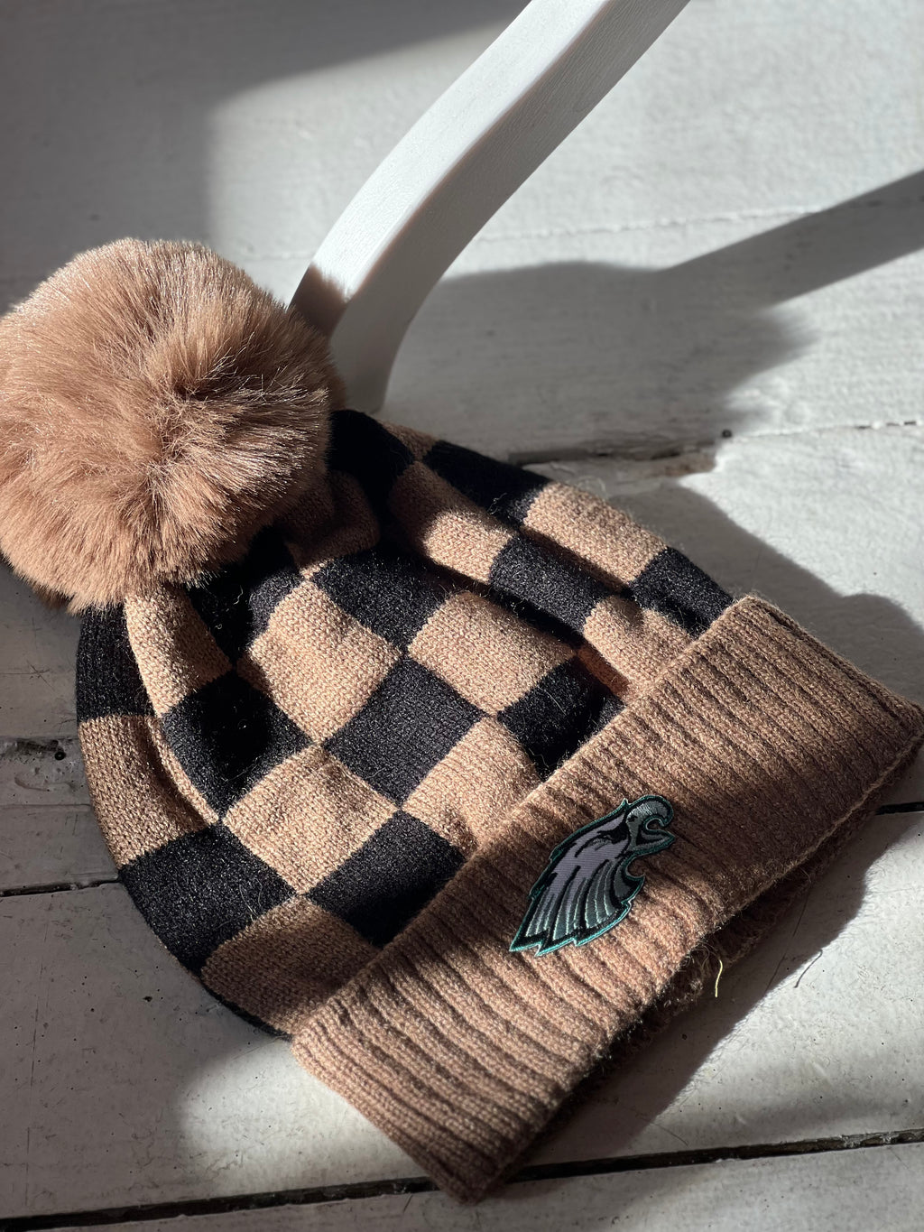 Vintage Eagles patch tan check custom beanie