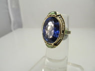14k yellow gold ring with a synthetic sapphire, pearls and enamel.  Circa 1920.