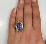 14k yellow gold ring with a synthetic sapphire, pearls and enamel.  Circa 1920.