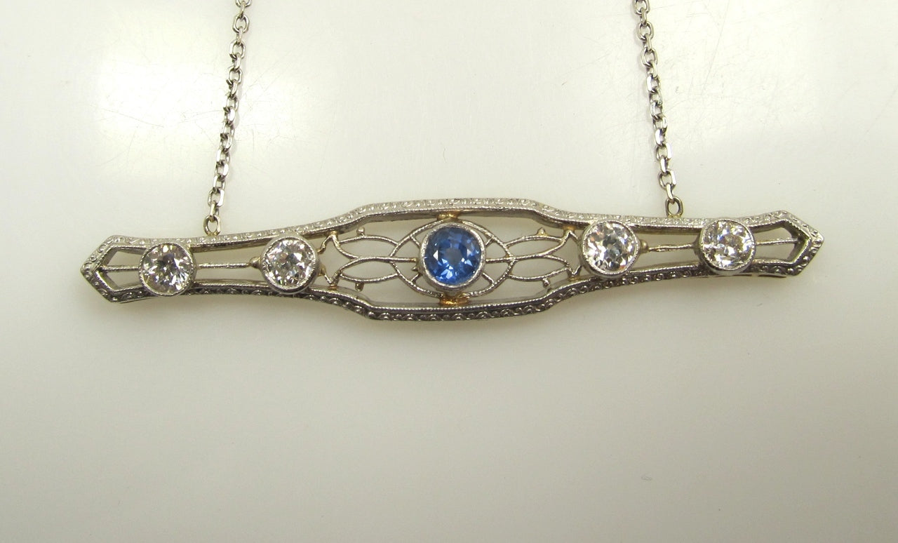 14k White Gold Necklace With 1ct In Diamonds And A 1ct Sapphire, Circa 1920.