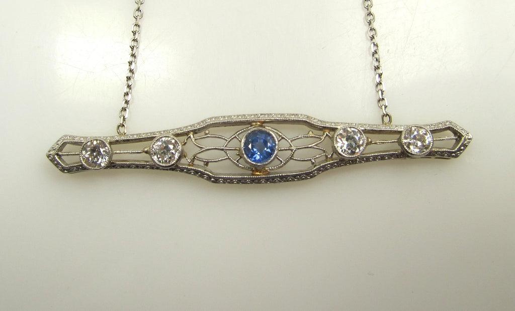 14k White Gold Necklace With 1ct In Diamonds And A 1ct Sapphire, Circa 1920.
