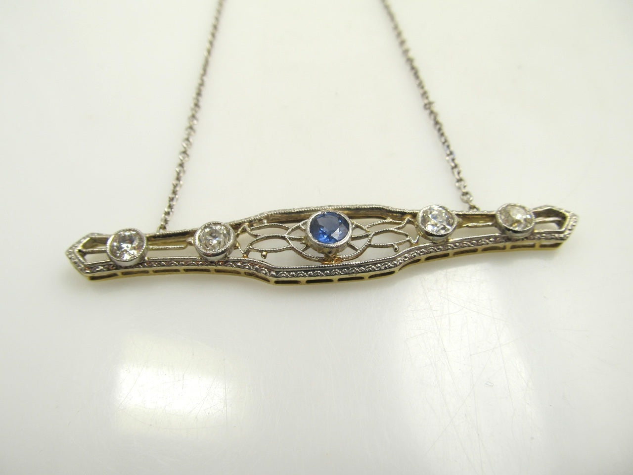 14k White Gold Necklace With 1ct In Diamonds And A 1ct Sapphire, Circa 1920.