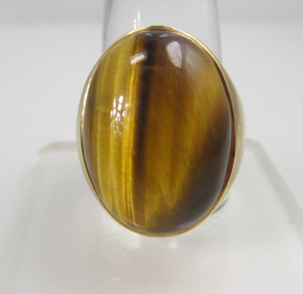 Vintage 14k Yellow Gold Ring With Large Bezel Set Tiger's Eye