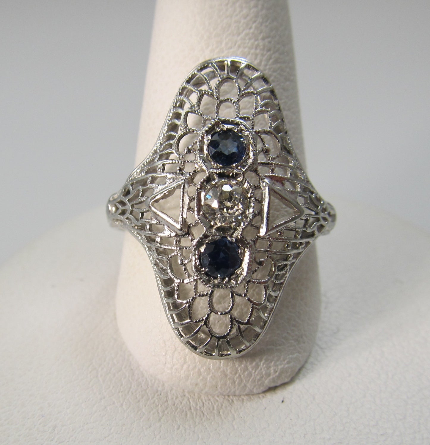 Long antique filigree sapphire diamond ring