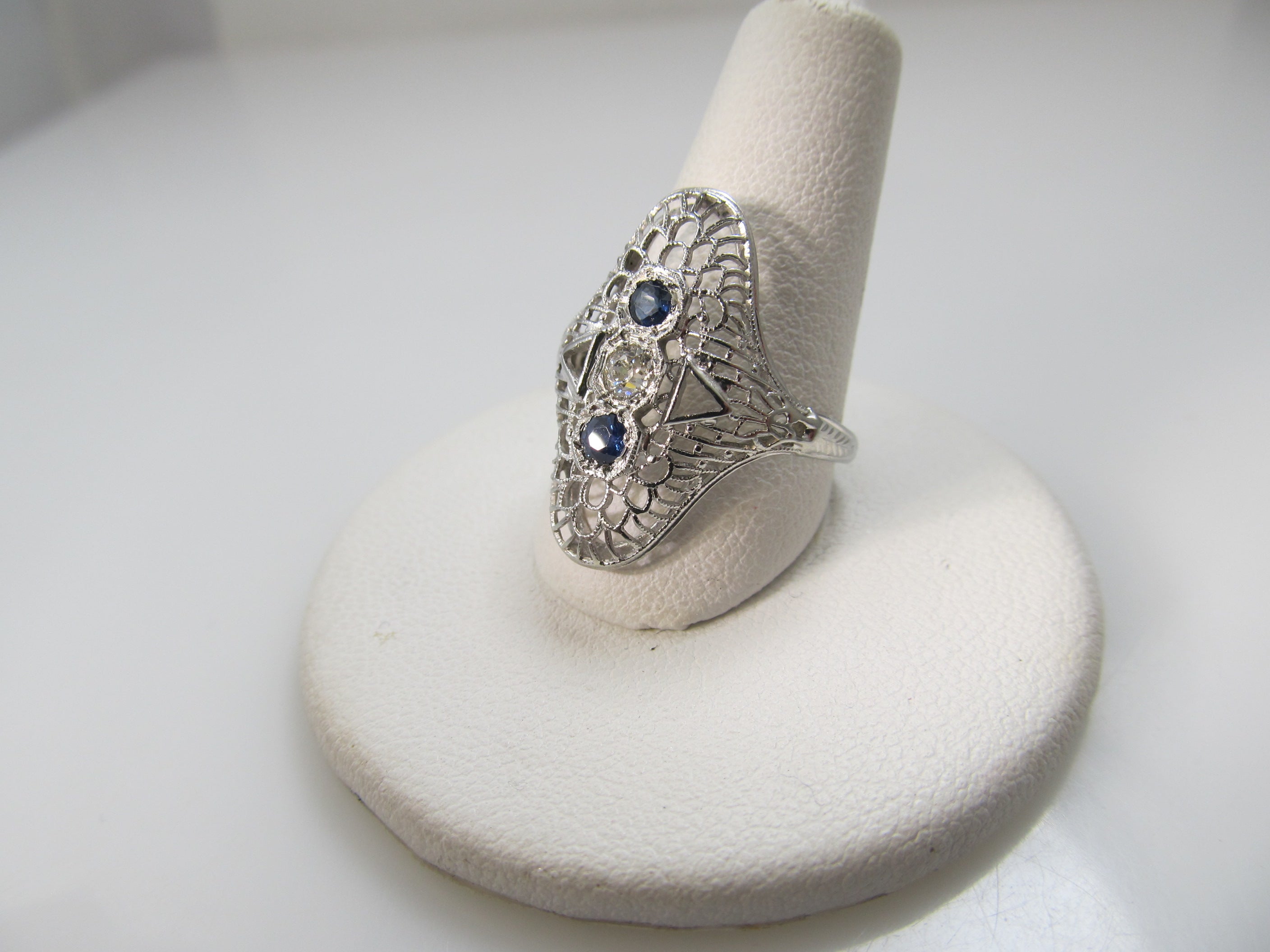 Long antique filigree sapphire diamond ring