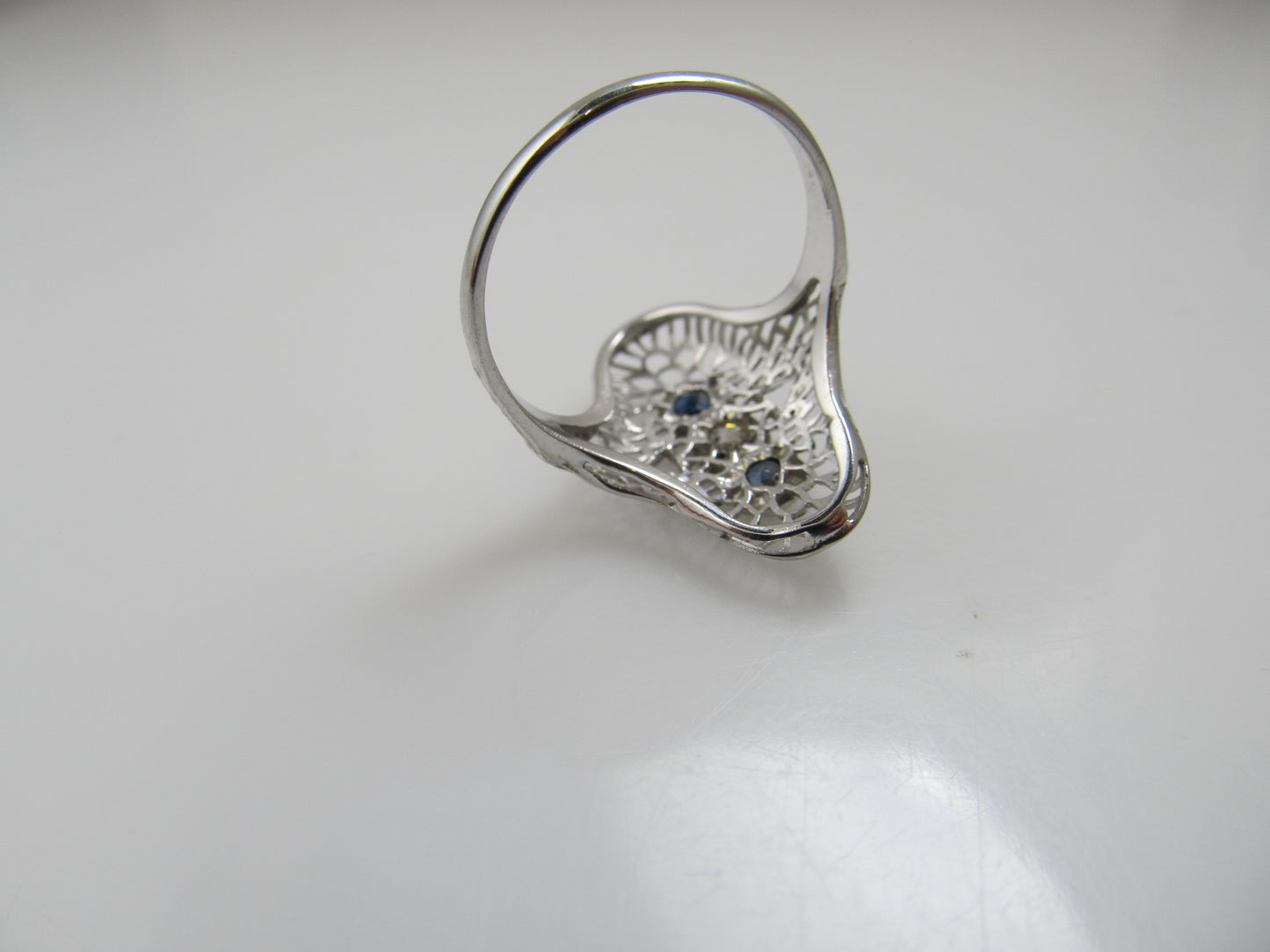 Long antique filigree sapphire diamond ring