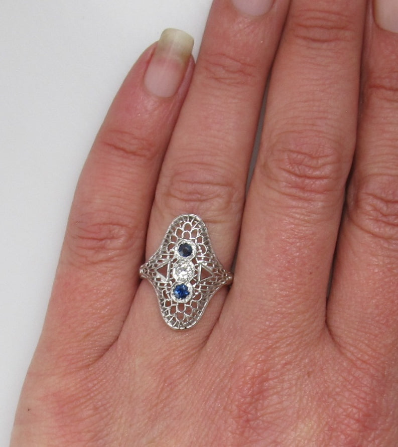 Long antique filigree sapphire diamond ring