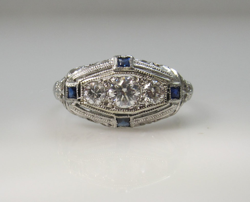 Art Deco 18k white gold filigree sapphire diamond ring