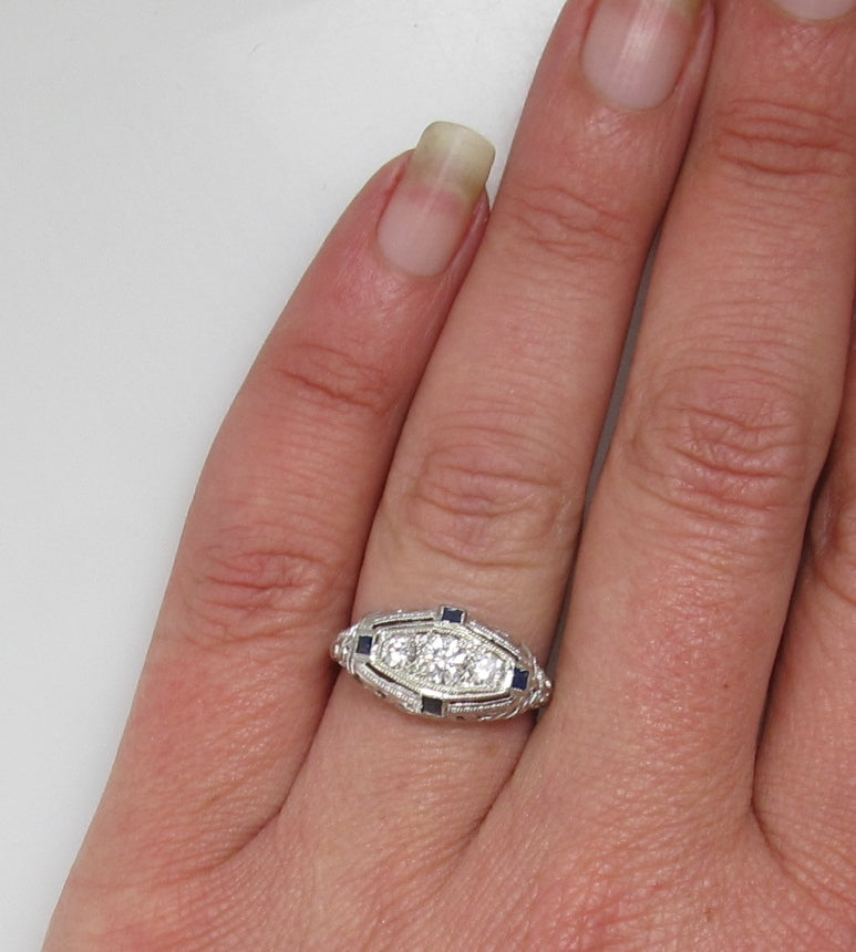 Art Deco 18k white gold filigree sapphire diamond ring