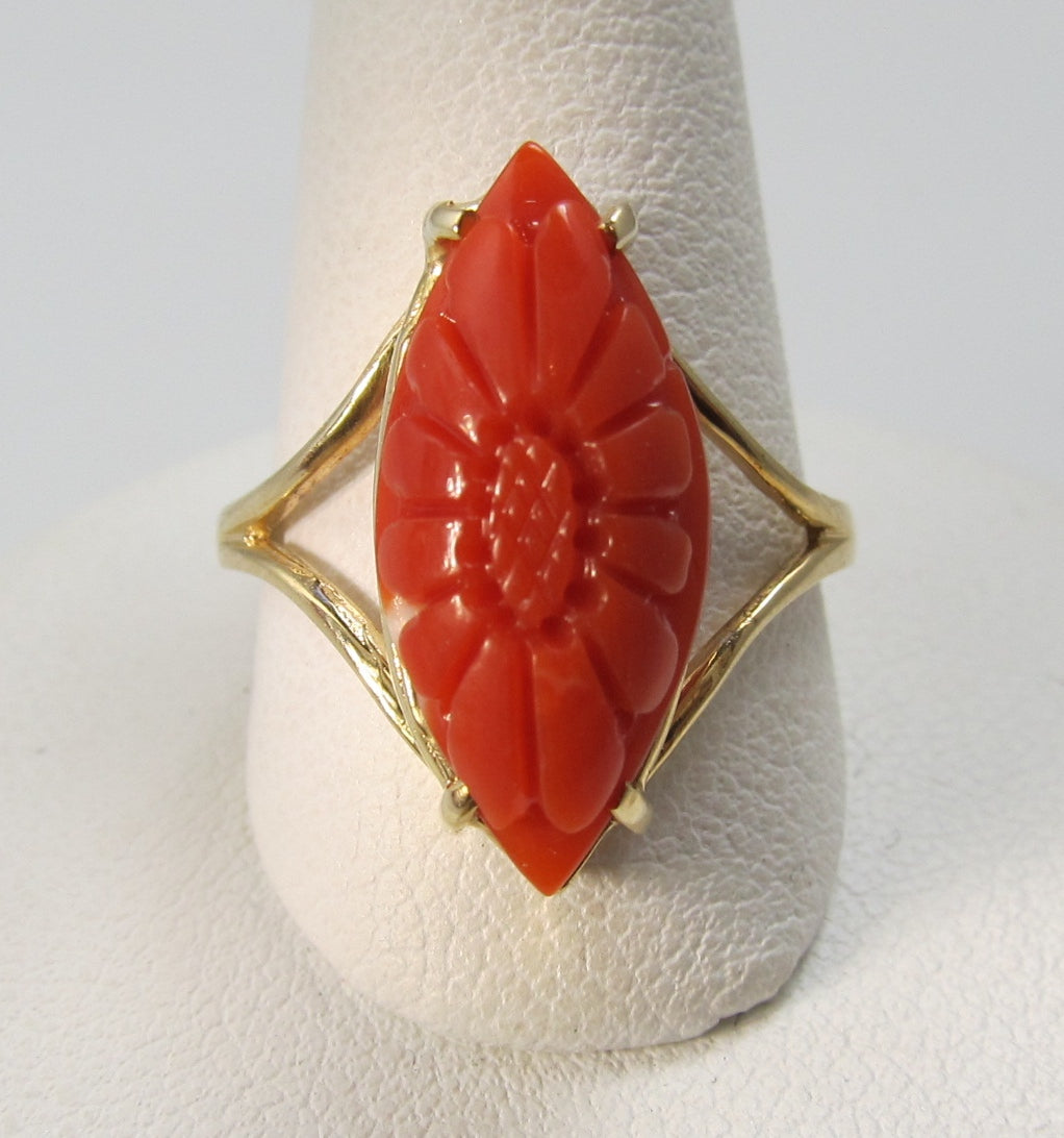 Estate carved coral flower ring, 14k yellow gold