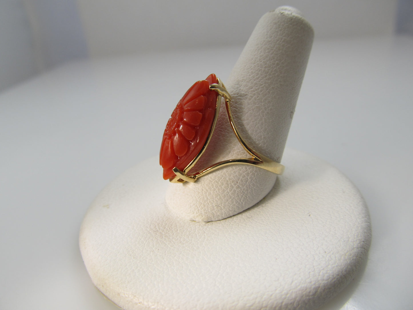 Estate carved coral flower ring, 14k yellow gold
