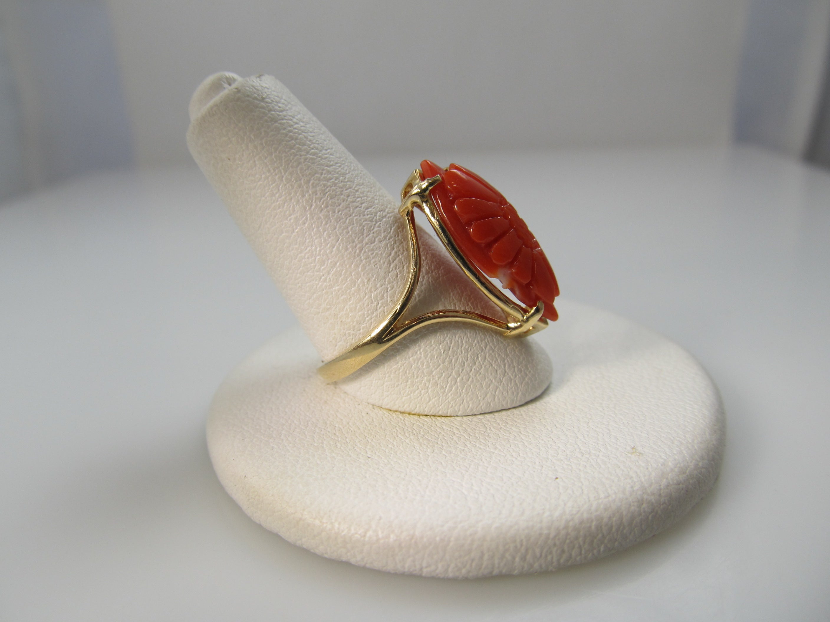 Estate carved coral flower ring, 14k yellow gold