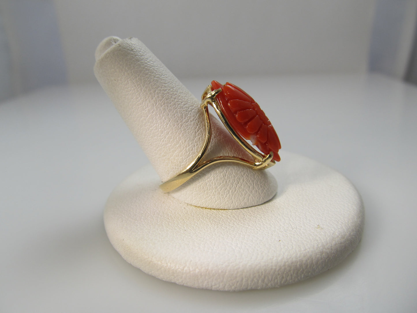 Estate carved coral flower ring, 14k yellow gold