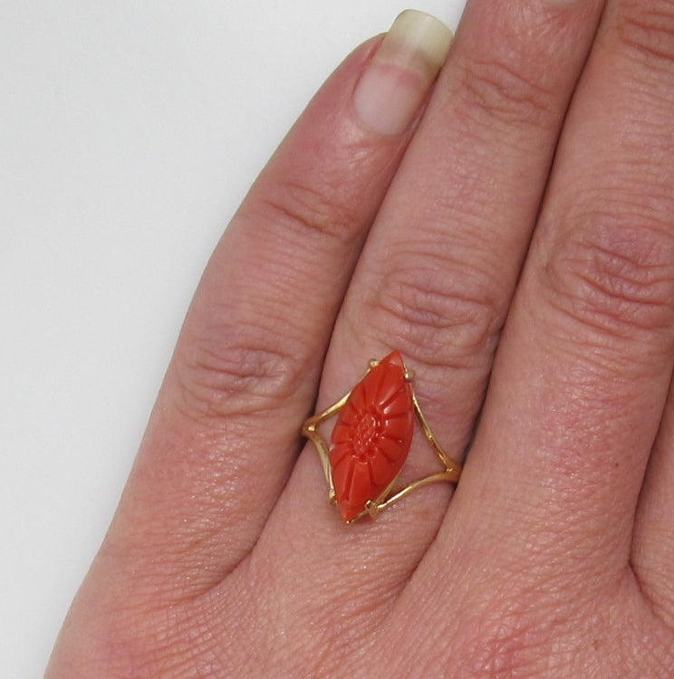 Estate carved coral flower ring, 14k yellow gold