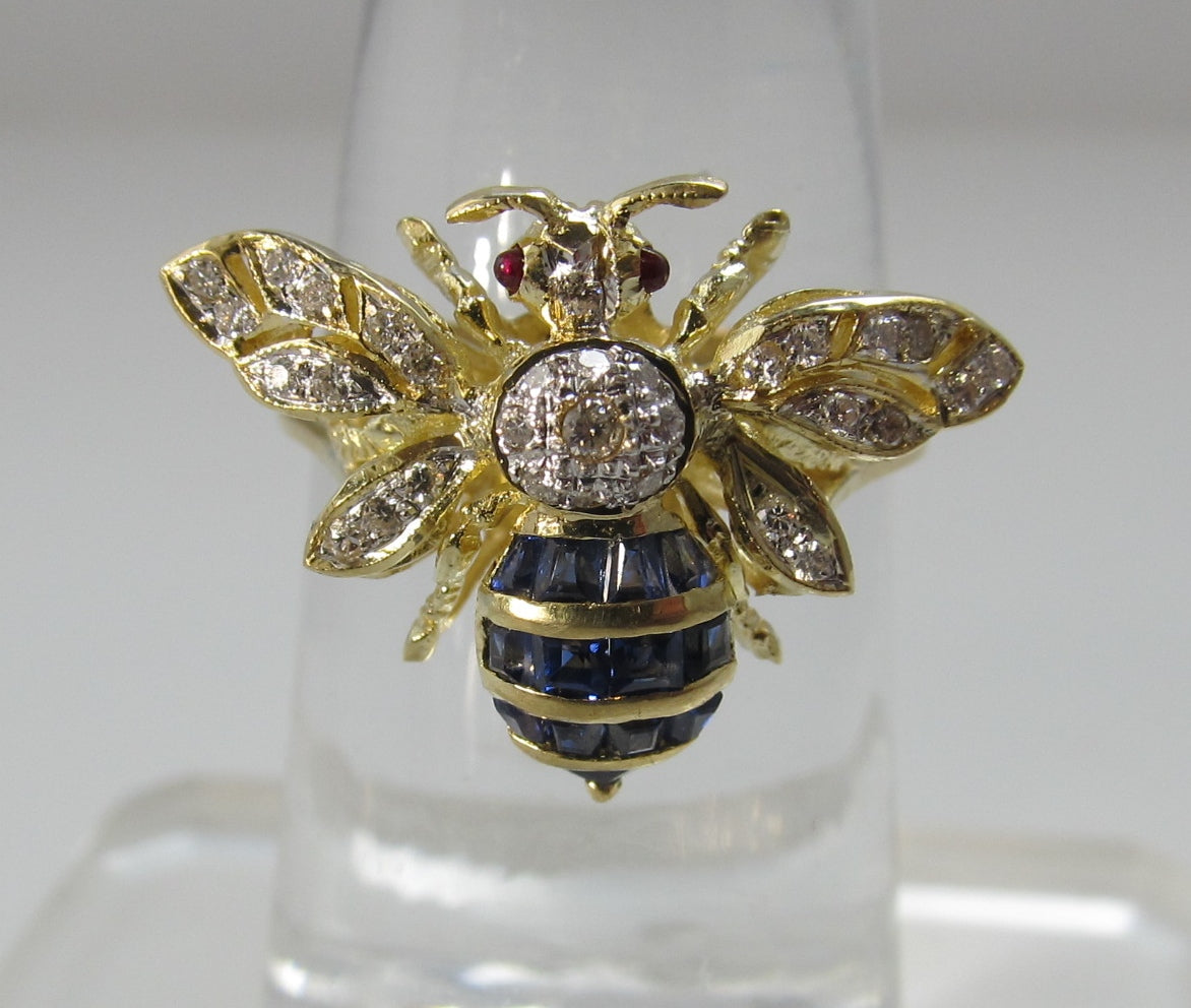 18k gold bee ring with sapphires, diamonds and rubies