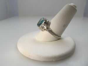 Vintage 14k white gold filigree blue zircon ring