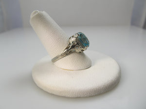 Vintage 14k white gold filigree blue zircon ring