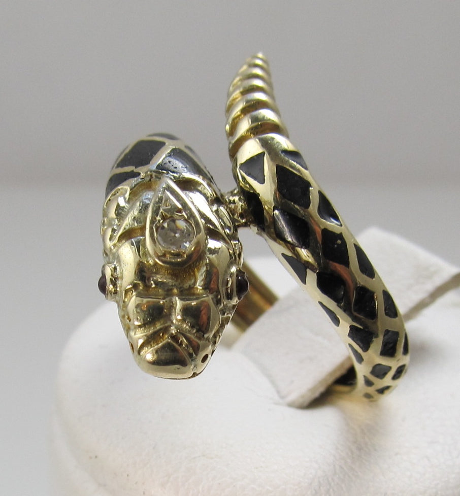 Estate 14k gold enamel diamond snake wrap ring
