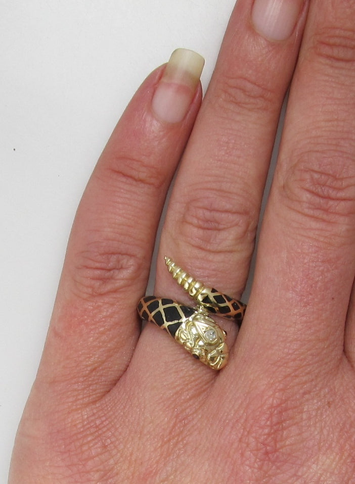 Estate 14k gold enamel diamond snake wrap ring