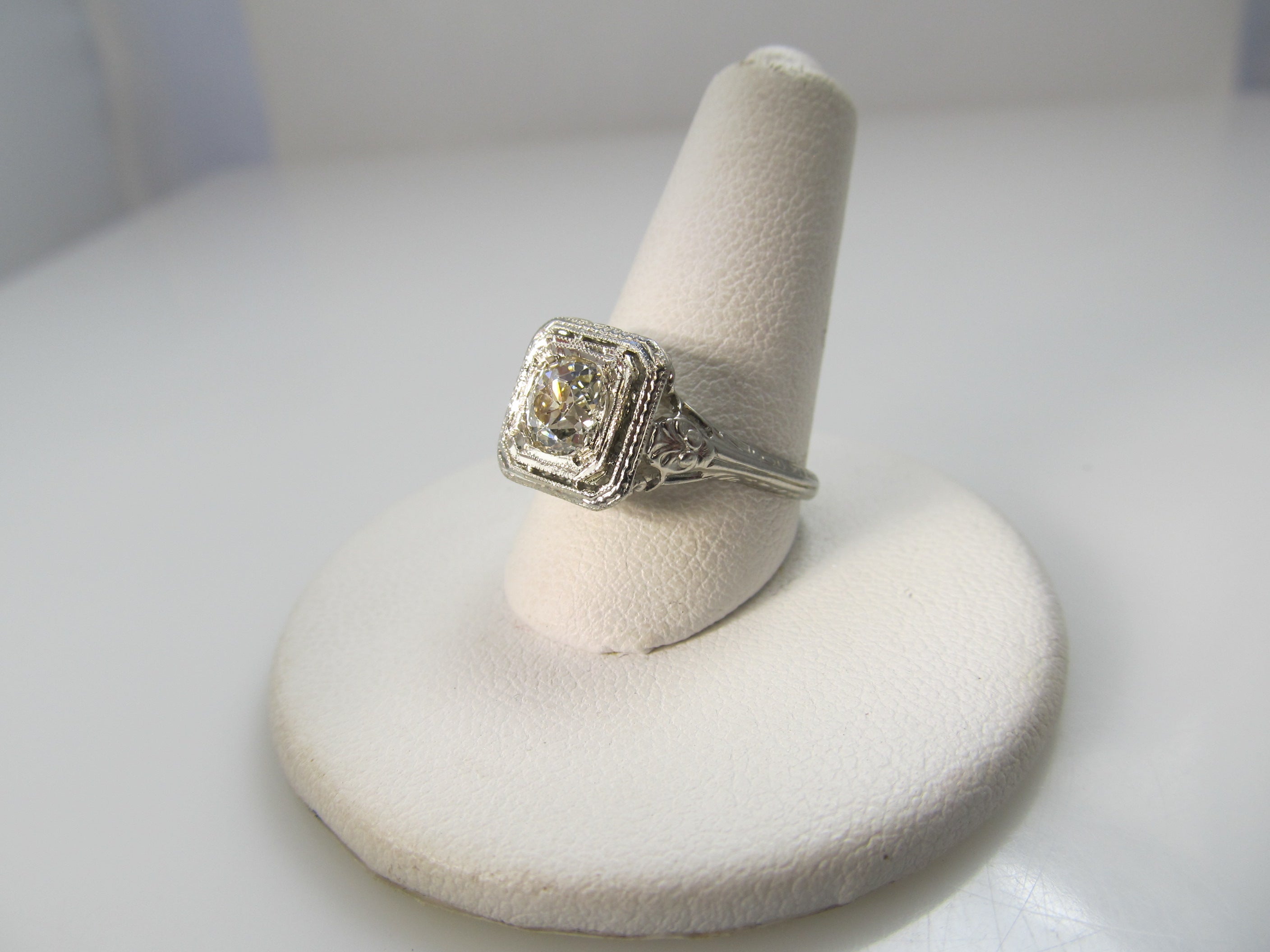 Antique .77ct diamond ring, 18k white gold filigree