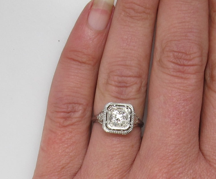Antique .77ct diamond ring, 18k white gold filigree