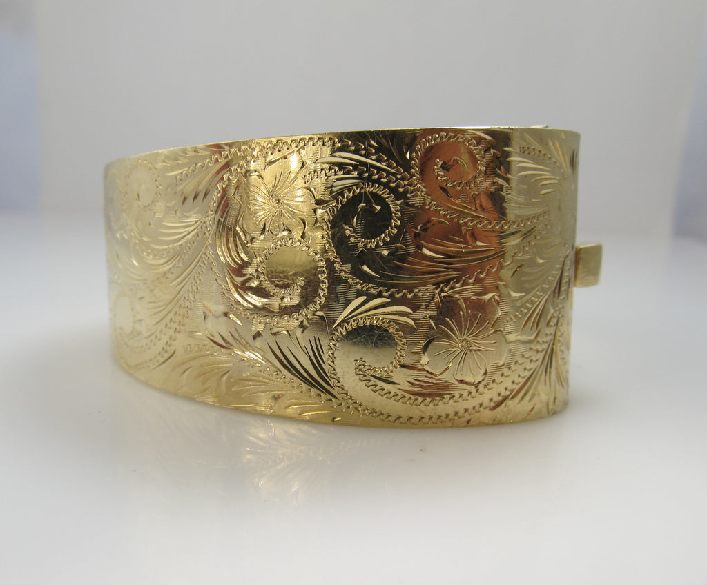 Wide 14k yellow gold hand engraved bangle bracelet