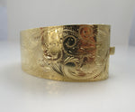 Wide 14k yellow gold hand engraved bangle bracelet