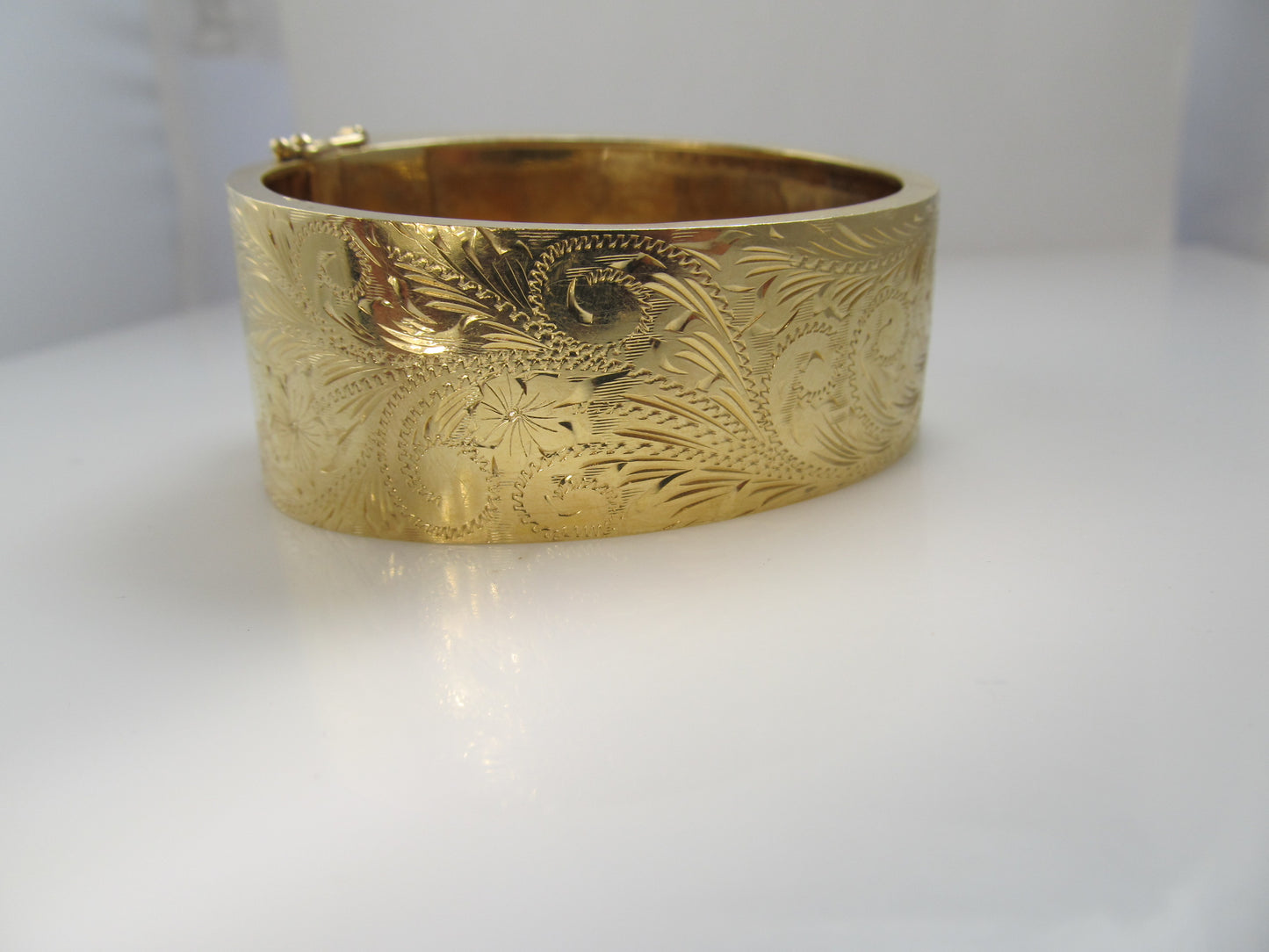 Wide 14k yellow gold hand engraved bangle bracelet