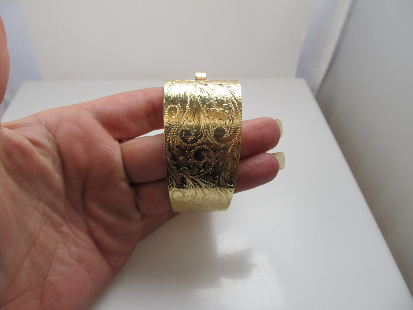 Wide 14k yellow gold hand engraved bangle bracelet