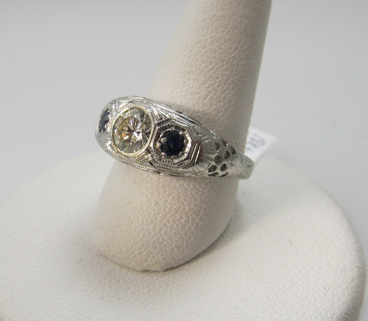 Antique 18k 3 stone sapphire diamond ring, circa 1920