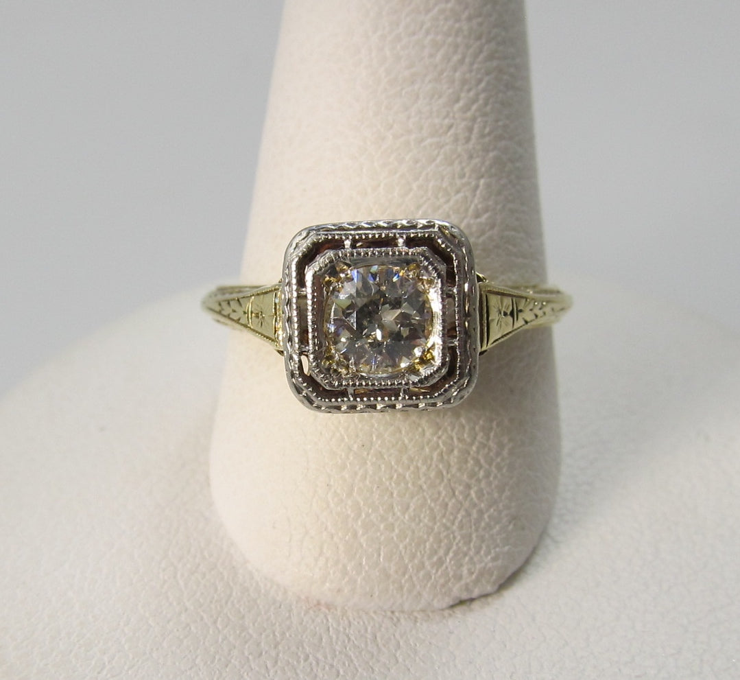 Vintage 18k yellow gold filigree diamond engagement ring
