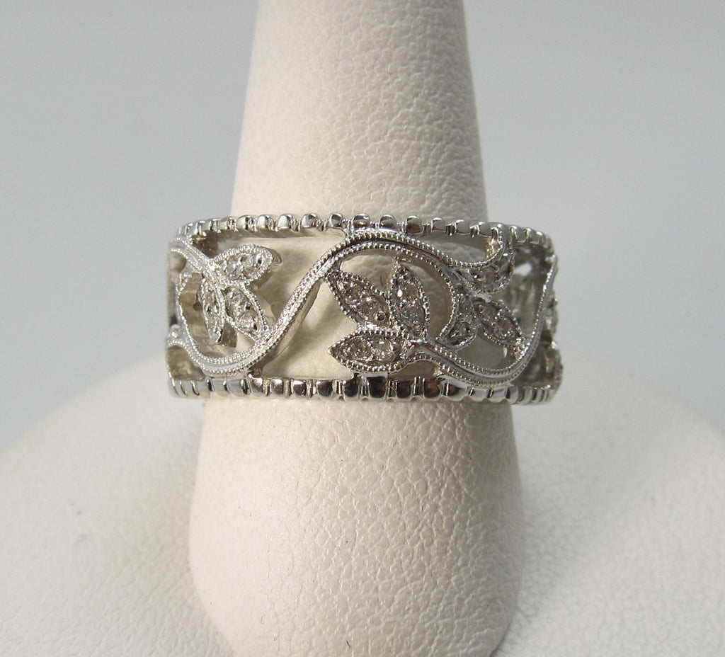 Estate 18k white gold diamond leaf eternity band