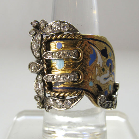 Amazing vintage 22k diamond enamel buckle ring