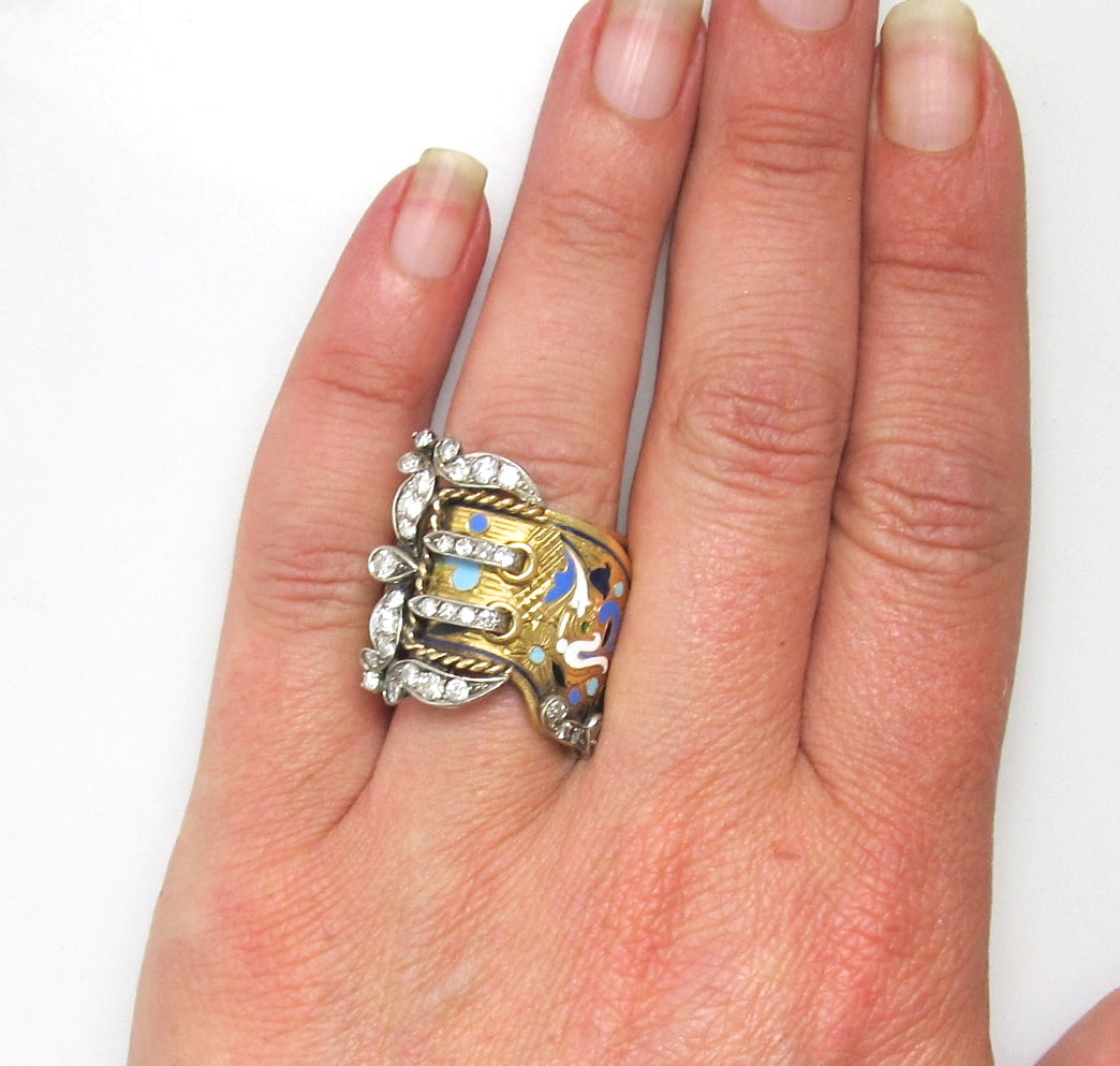 Amazing vintage 22k diamond enamel buckle ring