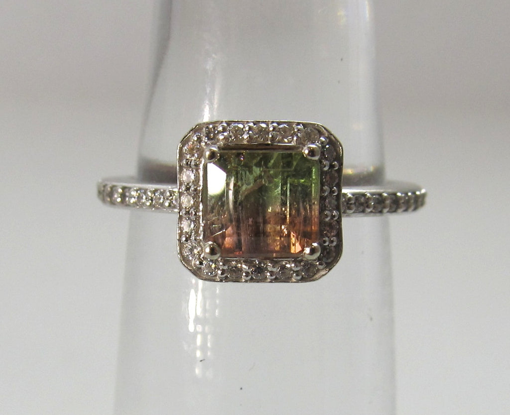 Estate 14k white gold diamond watermelon tourmaline ring