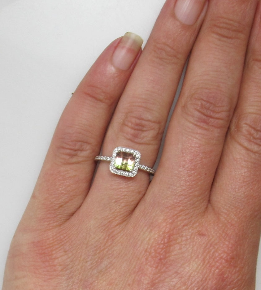 Estate 14k white gold diamond watermelon tourmaline ring