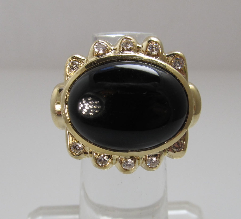 Estate big 14k yellow gold onyx diamond ring