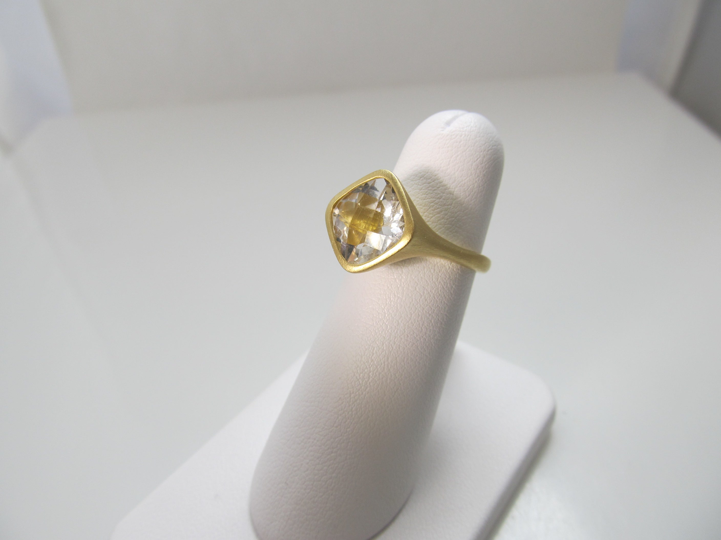 Matte finish 18k gold cushion cut white topaz ring