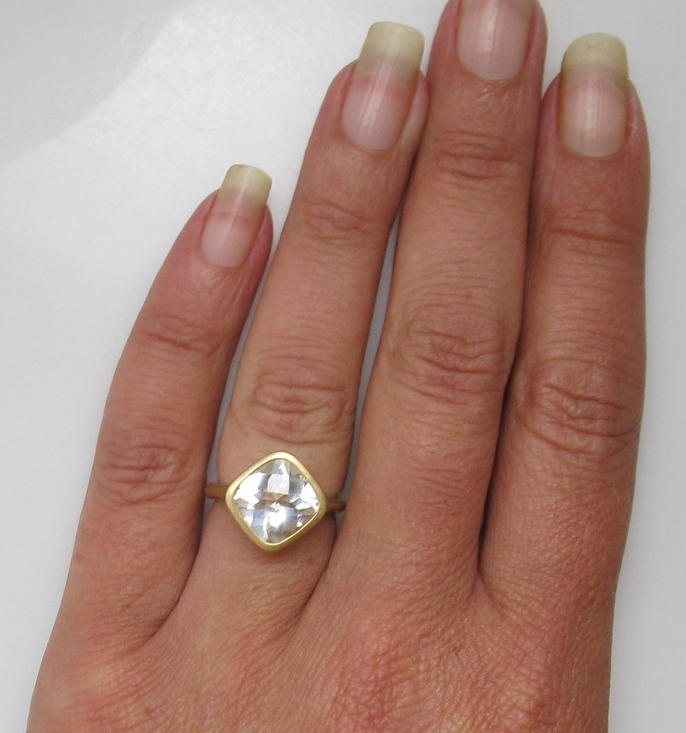 Matte finish 18k gold cushion cut white topaz ring