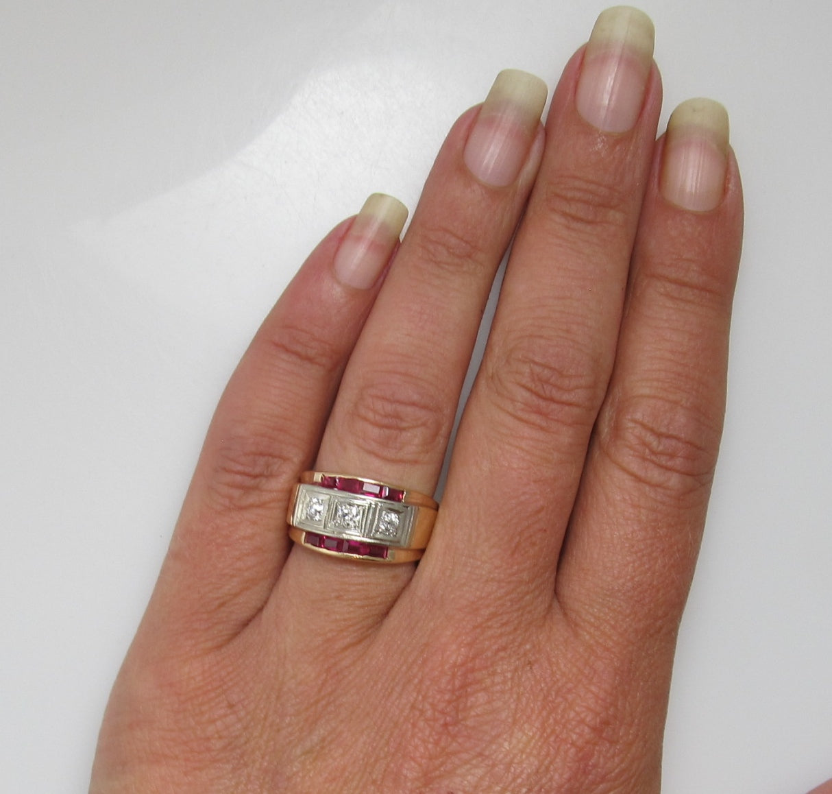 Vintage 3 stone diamond ring with rubies