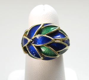 Vintage 14k yellow gold green blue enamel ring