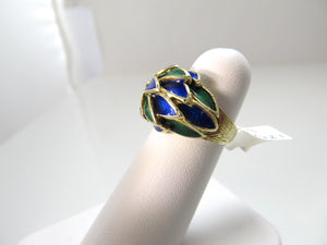 Vintage 14k yellow gold green blue enamel ring