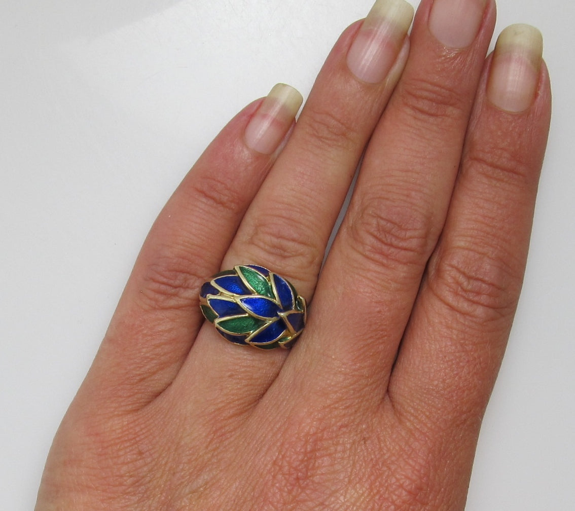 Vintage 14k yellow gold green blue enamel ring